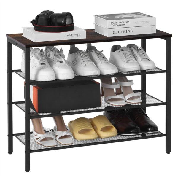 4-tier Shoe Rack With Grid Rack Wooden Rustic Foyer Shoe Rack With Coat Hook, Suitable For The Steel Frame Of The Living Room Mud Room At The Front Door Of The Corridor - Image 3