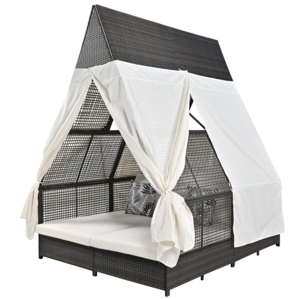 Outdoor Daybed With Adjustable Backrest And Curtains, Double Sun Lounger - Image 4