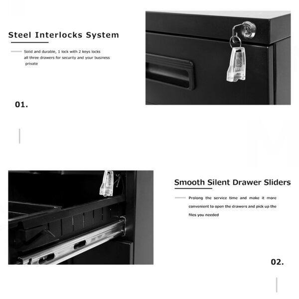 3-Drawer Mobile File Cabinet with Keys, 15.4 - Image 6
