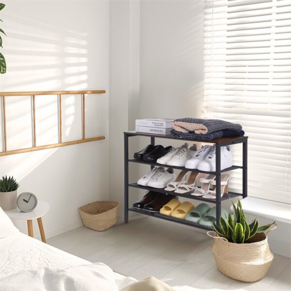 4-tier Shoe Rack With Grid Rack Wooden Rustic Foyer Shoe Rack With Coat Hook, Suitable For The Steel Frame Of The Living Room Mud Room At The Front Door Of The Corridor - Image 5