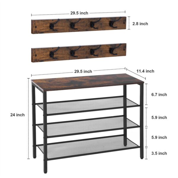 4-tier Shoe Rack With Grid Rack Wooden Rustic Foyer Shoe Rack With Coat Hook, Suitable For The Steel Frame Of The Living Room Mud Room At The Front Door Of The Corridor