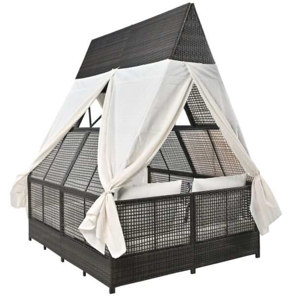 Outdoor Daybed With Adjustable Backrest And Curtains, Double Sun Lounger - Image 3