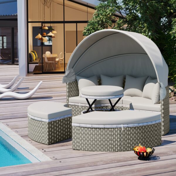 TOPMAX Patio Furniture Round Outdoor Sectional Sofa Set Rattan Daybed Two-Tone Weave Sunbed With Ret - Image 8