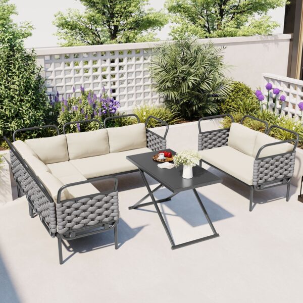 TOPMAX 5-Piece Modern Patio Sectional Sofa Set Outdoor Woven Rope Furniture Set With Glass Table And - Image 8