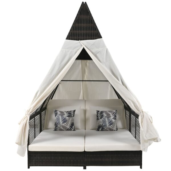 Outdoor Daybed With Adjustable Backrest And Curtains, Double Sun Lounger - Image 5