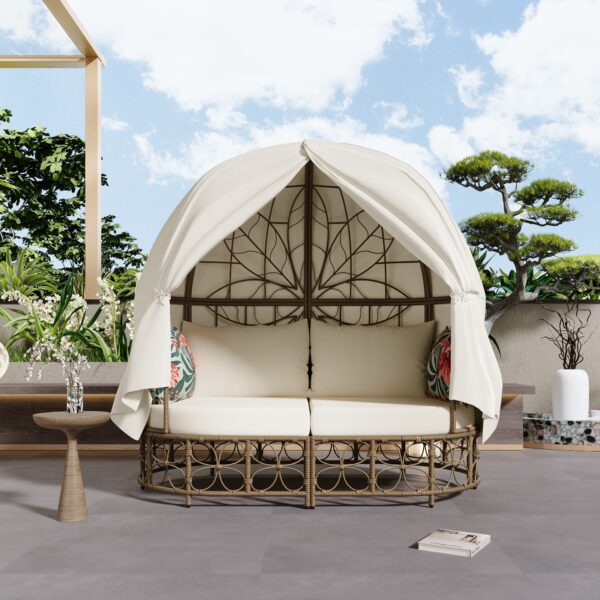 GO 59.8  Daybed Outdoor Sunbed With Colorful Pillows, Wicker Patio Daybed With Curtain, Floral Patte - Image 2