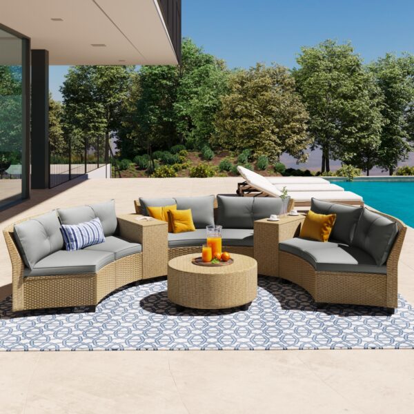 U Style 6-Person Fan-Shaped Rattan Set With Cushions   Table - Image 7
