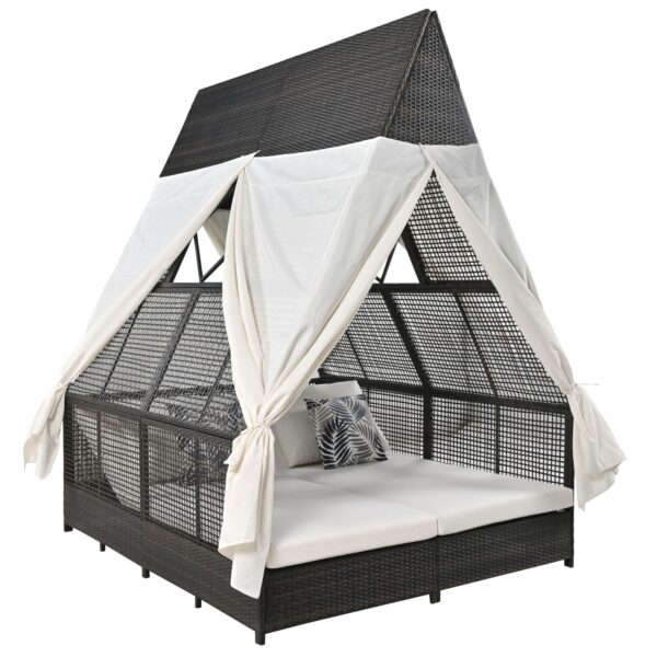 Outdoor Daybed With Adjustable Backrest And Curtains, Double Sun Lounger - Image 8