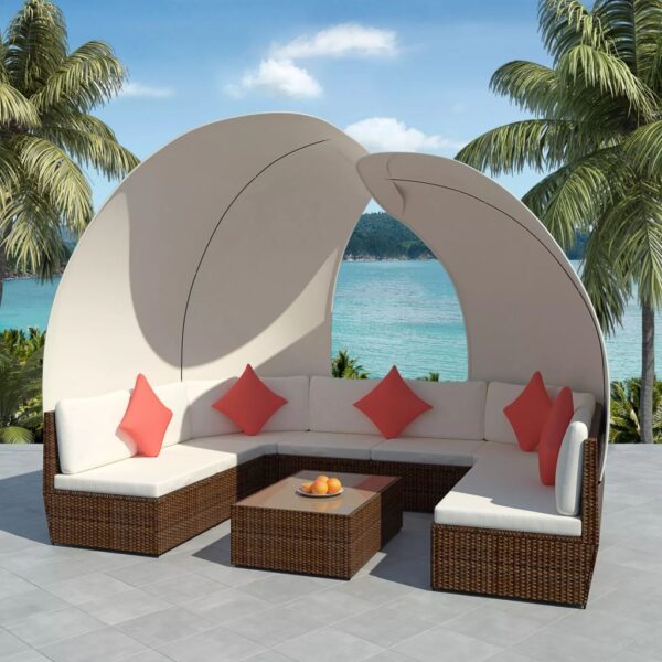vidaXL 9 Piece Patio Lounge Set with Canopies Poly Rattan Brown - Image 4