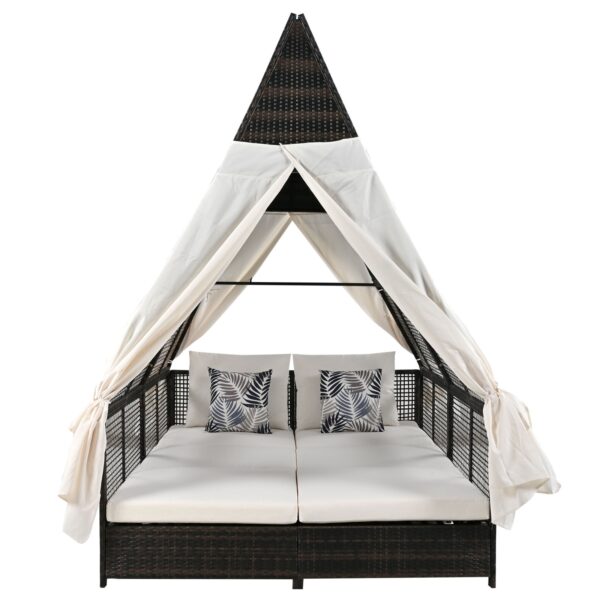 Outdoor Daybed With Adjustable Backrest And Curtains, Double Sun Lounger - Image 10