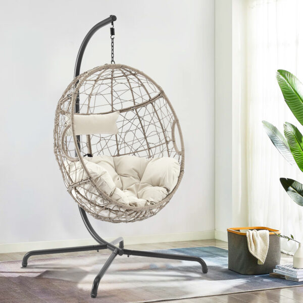 Patio Swing Egg Chair Basket Rattan Hanging Lounge Chair with Stand and Cushions - Image 2