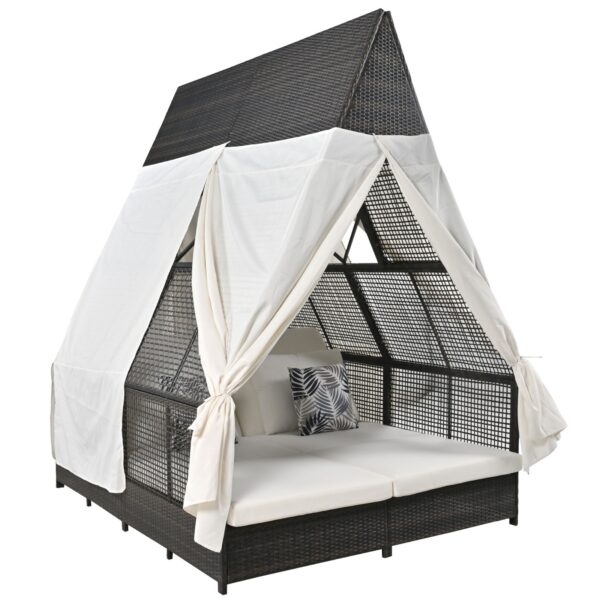 Outdoor Daybed With Adjustable Backrest And Curtains, Double Sun Lounger - Image 9